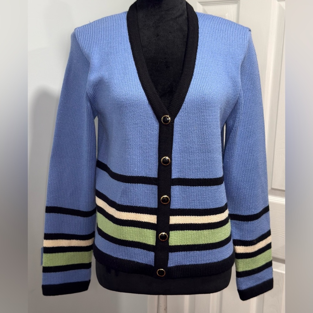 St. John Light Blue Striped V-Neck Cardigan with Black Trim